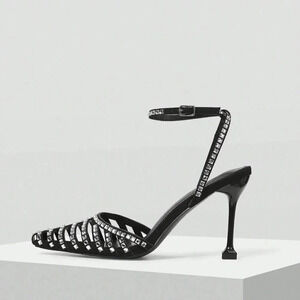 Black Glamorous Women's Rhinestone Buckle High Heel Shoes